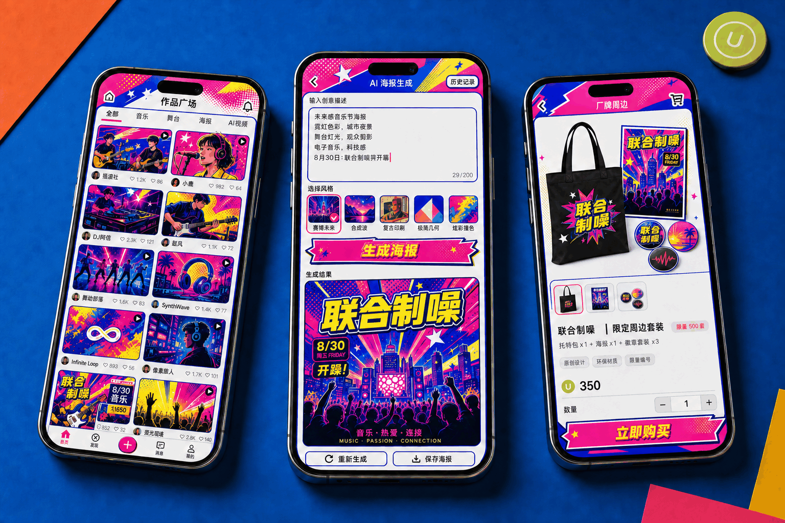 联合制噪活动站点波普漫画风作品瀑布流、AI 海报生成和周边购买三屏真机 Mockup